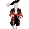 Longue veste de pirate brune avec un passement doré, des manchettes et des poches rouges, une large écharpe rouge à la taille sur un mannequin avec chapeau à plume.