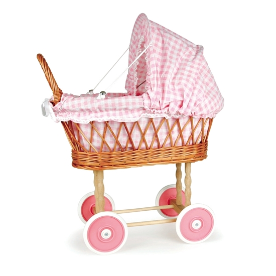 Landau rotin poupee avec garniture en vichy rose La Fee aux Jouets