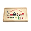 Wooden case containing 45 pieces of a little wooden toy town.