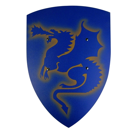 Blauw speelgoed schild gemaakt van gebogen hout en met erop afgebeeld een blauwe heraldische draak.